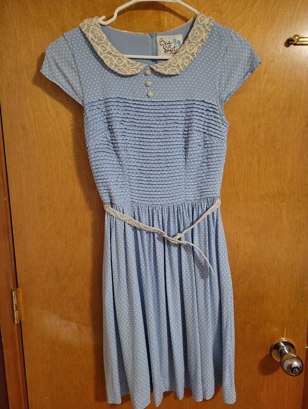 Modcloth Bea And Dot Retro Fit And Flare Dress In Light Blue Polka Dots